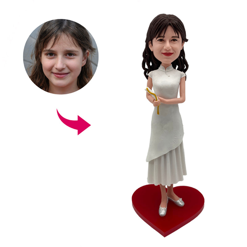 Bobblehead Tersuai Cheongsam putih yang elegan